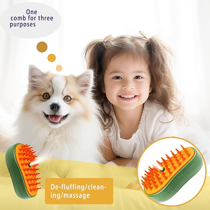 3 in 1 Self-Cleaning Steam Brush for Cats, Dogs, and Pets - Grooming Tool for Removing Tangled and Loose Fur (Green Avocado)
