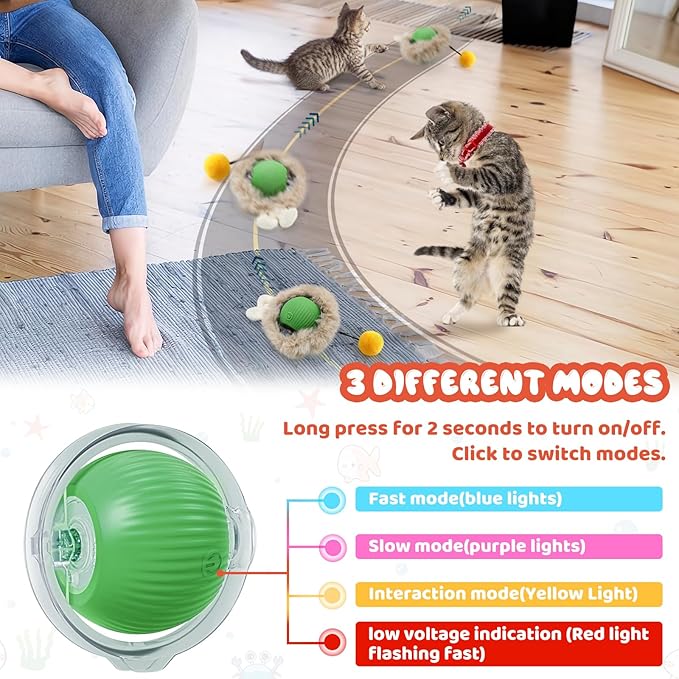 Interactive Cat Toy Ball,Self Rolling Cat Ball in Pouch Fixed with Wire Rim,Rechargable Automatic Motion Activated Moving Toy with 3 Working Modes,Hide and Seek Mouse Catching Game,28 Inch