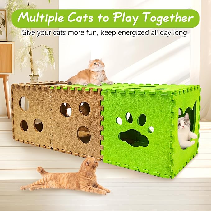 Cat Play Tunnel 14 Pcs DIY Foldable Cat Hideaway Cave with Interactive Peek Hole Felt Kitten Play Tubes and Tunnels for Indoor Cats Up to 20lb
