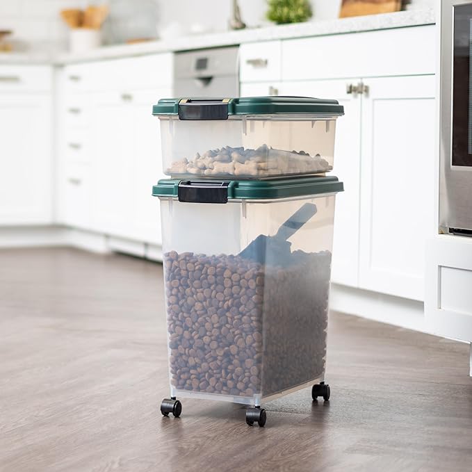 Remington 2 Piece Clear Plastic Food Storage Container | 30 lbs, 11 lbs | Airtight, Stackable, Wheels | Food Storage, Treat Box | 2-Cup Scoop