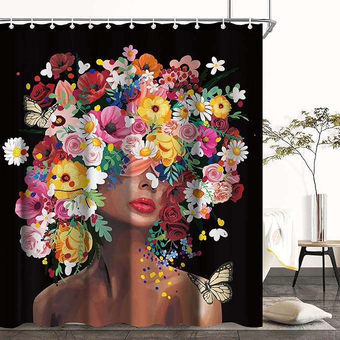 Black Girl Women Shower Curtain Sets for Bathroom 60Wx72H African America Shower Curtain Afro Lady Modern Colorful Flower Floral Polyester Bathtub Curtain Bathroom Decor with 12 Hooks