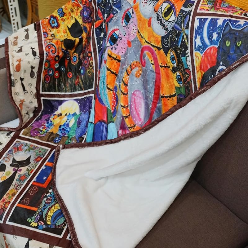Throw Blanket - Colorful Cat Design Boho Blanket, Ultra Soft Rustic Quilt For Sofa, Couch, Bed, Bath Towels - Lightweight Bohemian Blankets - Cute Decorative Throw Coverlet (39x59 inch)