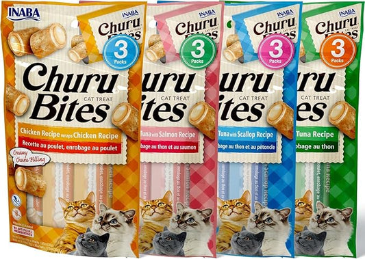 INABA Churu Bites for Cats, Soft Baked Chicken Churu Filled Cat Treats with Green Tea Extract, 0.35 Ounces Each Tube, 12 Tubes Total, 4 Flavor Variety