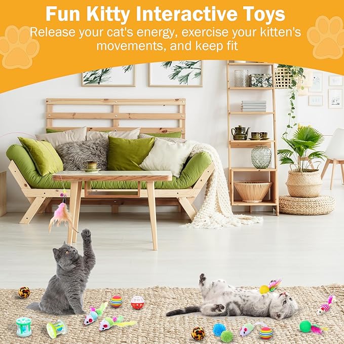 Wettarn 22 Pieces Cat Toys Set, with 2 Collapsible Cat Tunnels for Indoor Cats and 20 Kitten Toys Cat Tubes and Tunnels Interactive Cat Feather Toy Mouse Crinkle Balls for Cats Puppies (Black, Blue)