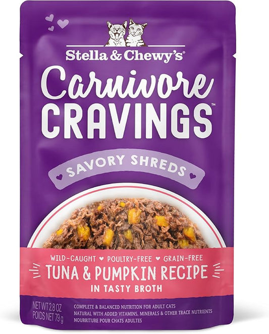 Stella & Chewy’s Carnivore Cravings Savory Shreds Wet Cat Food Pouches – Grain Free, Protein Rich Meal, Topper or Treat – Tuna & Pumpkin Recipe (2.8 Ounce Pouches, Case of 12)