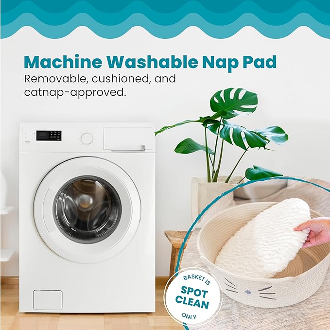 Catstages Bed & Basket Retreat 2-in-1 Cat Bed with Removable Cushion, Plush, Cotton Rope, White