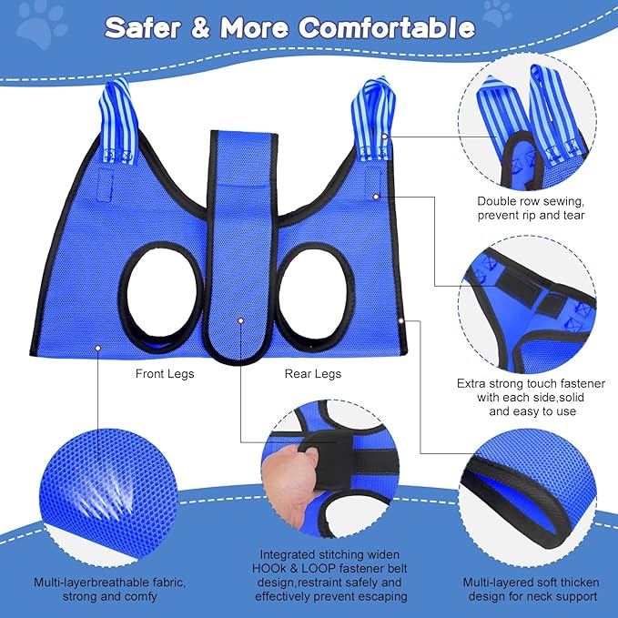 Upgrade Dog Grooming Hammock with Belt Pasteable,Dog Sling for Nail Trimming,Dog Hammock for Nail Trim,Dog Holder for Grooming,Relaxing/Safe Dog Harness for Large Dogs,Dog Grooming Kit at Home(Blue)