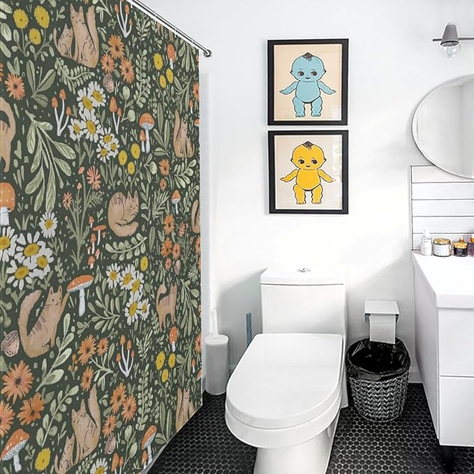 Cartoon Cute Forest Shower Curtains, Fairy Tale Mushroom Cat Flower Floral Leaf Green Pattern Decor Print Bath Drapes Set with Hooks, Waterproof Fabric Windows Treatment for Bathroom, 72x72in