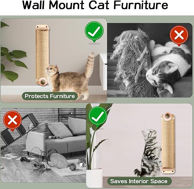 Cat Scratching Post with Catnip Ball Wall Mounted Interactive Scratcher Tower for Healthy Clawing Promotes Natural Scratching Behavior Keeps Cats Entertained