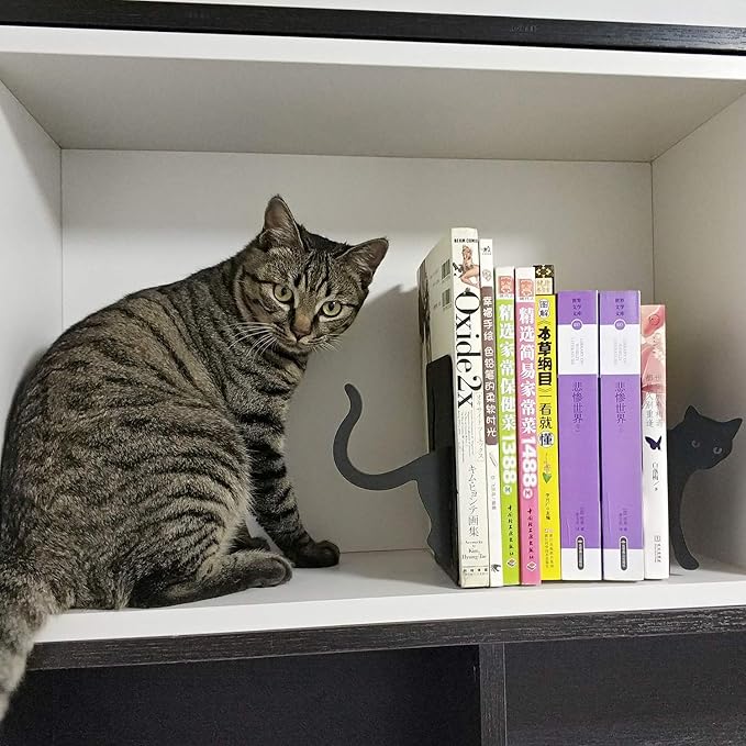 Black Cat Book Ends - Decorative Bookend for Shelves,Book Holder for Desktop, Cute Animal Decor for Home & Office, Gift for Cat Lovers L15.7(A Set) x D5 x H 7"