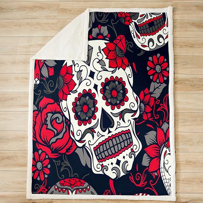 Floral Sugar Skull Fleece Throw Blanket Baby 30"x40" Flowers Printed Sherpa Blanket Decorative Microfiber Gothic Skeleton Plush Scary Horror Design Red Black Fuzzy