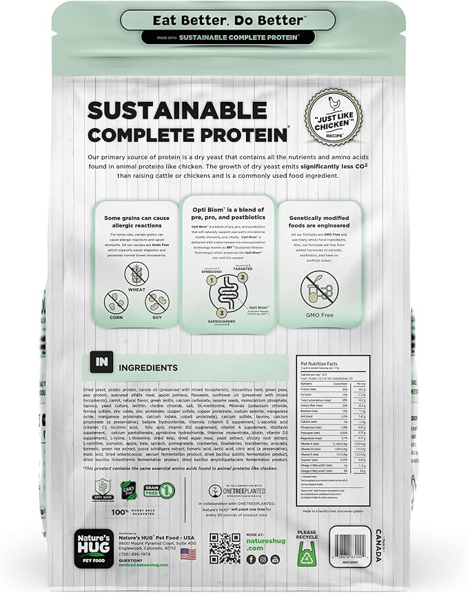 Nature's HUG Dry Cat Food, for Adult-All Breeds, 4 lb. Bag, Just Like Chicken Recipe, Grain Free & Hypoallergenic, Supports Microbiome Health, Sustainable Complete Protein & Balanced Nutrition
