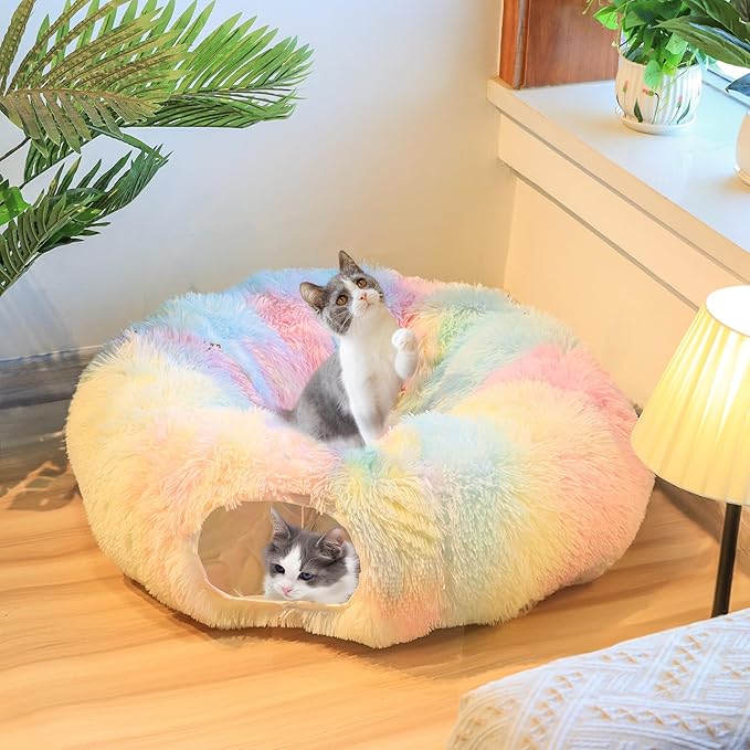 Cat Tunnel Bed for Indoor Winter, Warm Fluffy Plush Rainbow Cats Donut Tunnel with Central Mat, Multifunctional Pet Playground Toys Hide Place for Indoor Kitten Puppy Rabbit Ferret