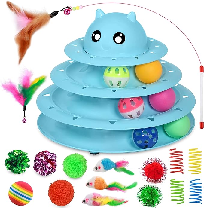 UPSKY 20 PCS Cat Toys, Cat Roller Toy 3-Level Turntable Cat Toys Balls for Indoor Cats, Kitten Toys Set with Cat Teaser Toys, Mice Toys, Spring Toys, and Various Ball Toys