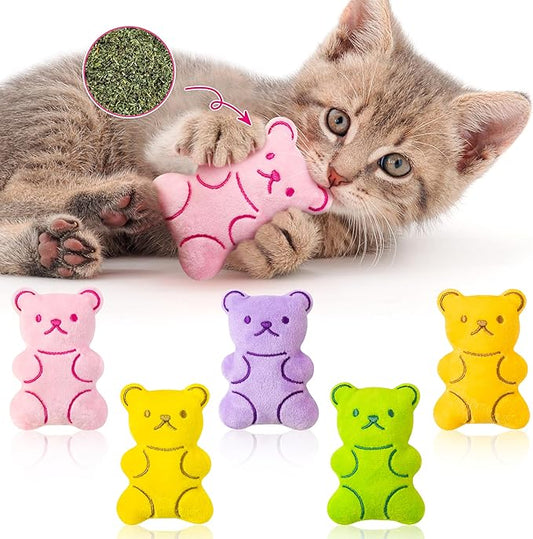 MALLMALL6 Catnip Toys for Cat - 5Pcs Gummy Colorful Bear Catmint Interactive Cat Toy for Indoor Cats, Soft Plush Candy Cat Supplies, Kitten Teething Chew Toy Set, Cute Pet Gifts for Cat Lover