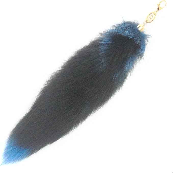 Fosrion Real Colored Yellow Silver Fox Tail Fur Hair Cat Bites Hunting Catching Accompanying Toy (Tanned Blue, Only Tail)