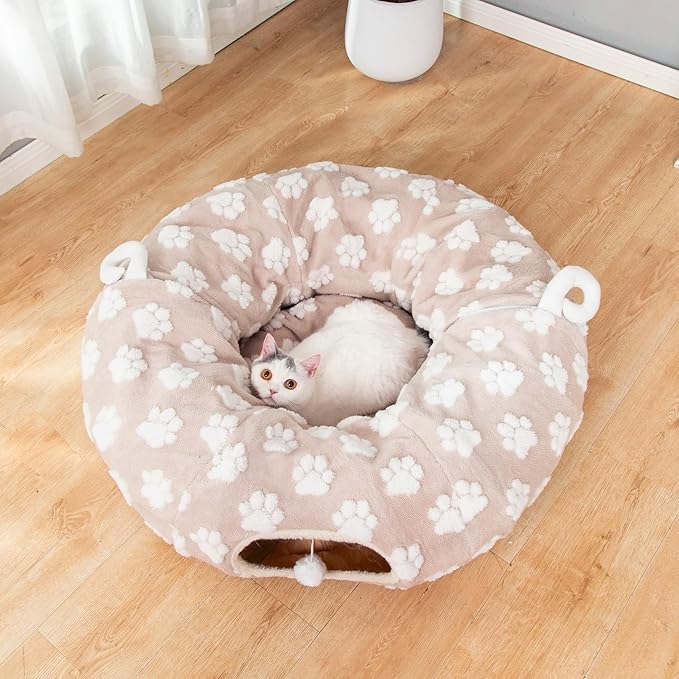 LUCKITTY Cat Tunnel Bed for Indoor Cats - Round Cat Tunnel Bed Donut Small Dog Bed Calming Pet Beds, Cute Modern Beds with Jacquard Shaggy Plush & Anti Slip Bottom, Khaki