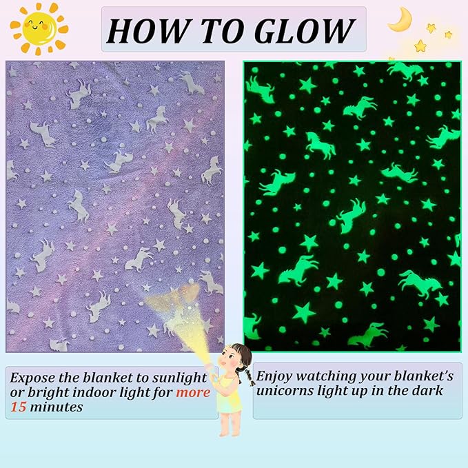 Glow in The Dark Unicorn Blanket, Girls Blanket for Age 3 4 5 6 7 8 9 10 11 12 Year Old, Gifts for Birthday, Valentines Day, Christmas, Bedroom Decor 50 x 60 Inch, Purple