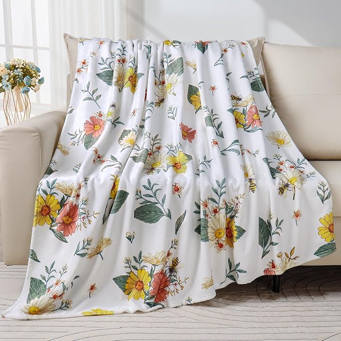 Floral Flower Throw Blanket Bee Flannel Fleece Throw Blanket Botanical Plant Cozy Fuzzy Plush Throw Blankets for Bed Chair Couch 50" X 60"