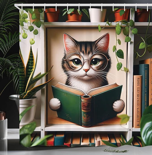 Ambesonne Cat Shower Curtain, Bookworm Kitty Reading Between Shelves Weeping Plants Botanical Cozy Concept, Cloth Fabric Bathroom Decor Set with Hooks, 69" W x 84" L, Green Paprika Beige