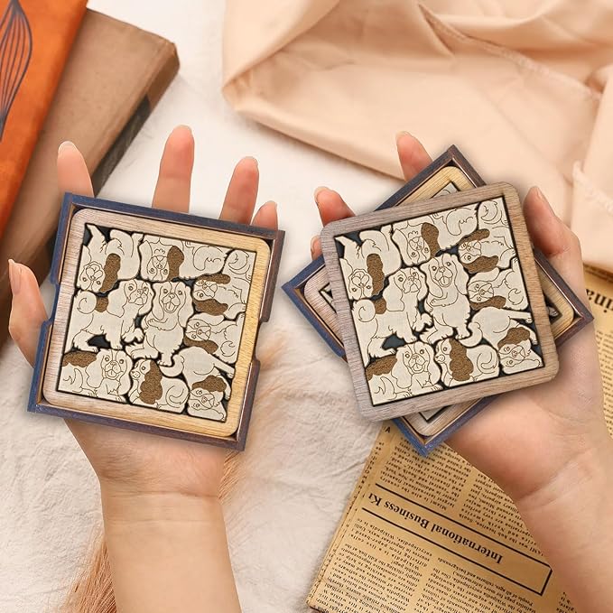 02 Cavalier King Charles Spaniel Dog Coaster - Cavalier Dog Puzzle Wooden Coaster Set - Interlocking Jigsaw Drink Mats with Laser-Cut Design for King Dog Lovers