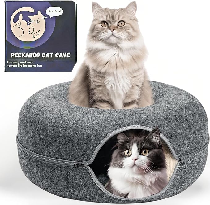 Peekaboo Large Cat Cave and Tunnel Bed - Donut Cat Bed for Indoor Cats up to 30-45 lbs, Scratch Resistant, Detachable & Washable, Cat Donut Tunnel (Dark Gray, Large)