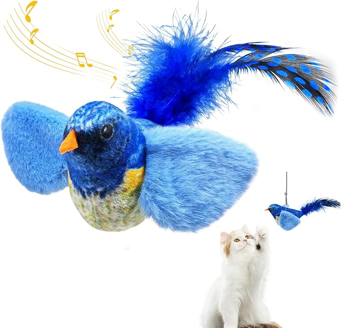 Chirping Bird Cat Toys Hanging Cat Feather Toy - Catnip Interactive Cat Toys for Indoor Cats - Automatic Cat Toy for Cat Exercise & Kicker to Self Play (Blue)