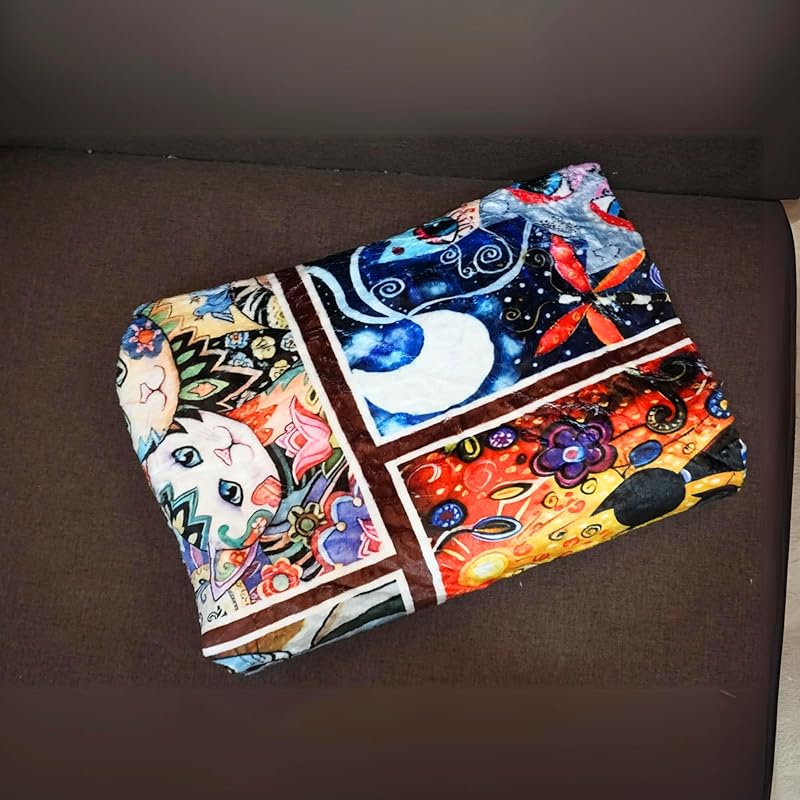 Throw Blanket - Colorful Cat Design Boho Blanket, Ultra Soft Rustic Quilt For Sofa, Couch, Bed, Bath Towels - Lightweight Bohemian Blankets - Cute Decorative Throw Coverlet (59x87 inch)