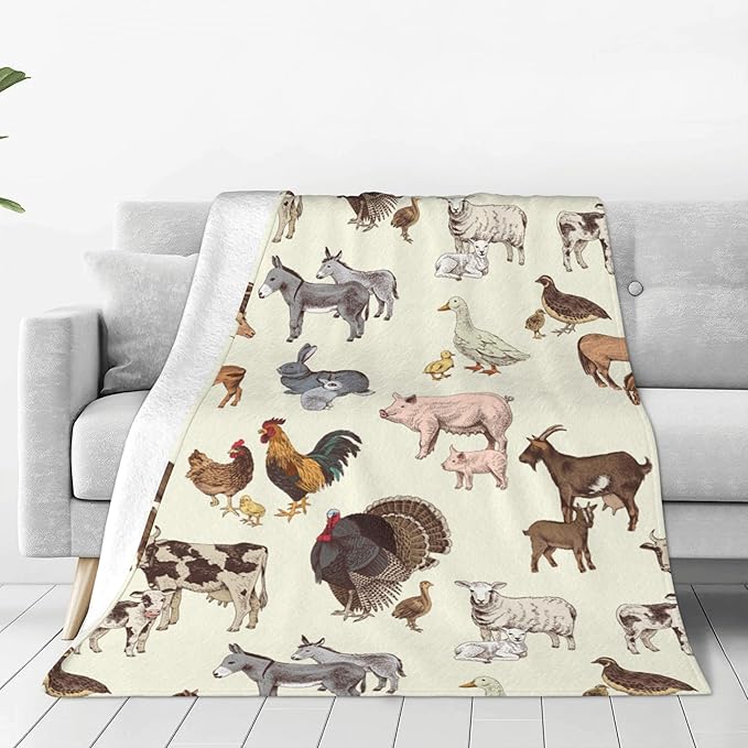 Farm Animal Blanket Throw 60"X50", Cozy Lightweight Plush Cow Chicken Pig Sheep Horse Rabbit Farm Animals Blanket, Gifts for Kids Women