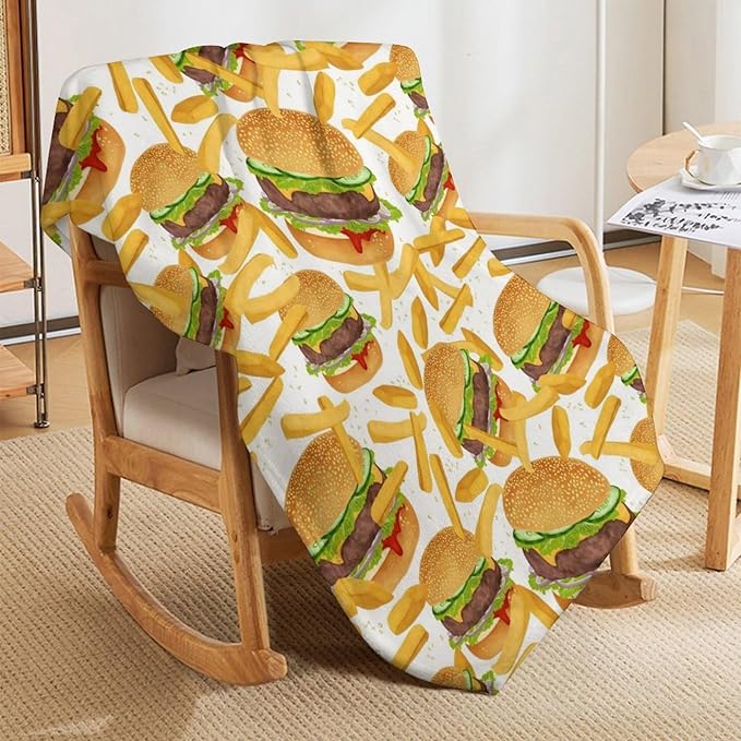 Hamburger French Fries Throw Blanket Burgers Food Funny Cute Meat Print Blankets Gifts Couch Sofa Bed Stuff Decor Soft Cozy Lightweight Fleece Plush Flannel Bedding for Lover Men Women Adults 40"x50"
