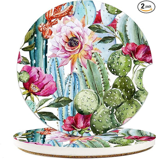 Cactus Pink Roses Flowers Car Coasters for Cup Holders, Car Accessories, 2 Pack Absorbent Ceramic Car Cup Holder Coasters for Drinks, for Women Men, Universal Non-Slip with Finger Notch