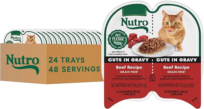 NUTRO Grain Free Natural Wet Cat Food Cuts in Gravy Beef Recipe, 2.64 oz. PERFECT PORTIONS Twin-Pack Trays, Pack of 24