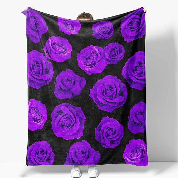 Rose Floral Blanket Gifts for Women Girls Mom Wife Birthday Christmas Valentine Present Romantic Purple Roses Theme Decor Bedroom Living Room Couch Sofa Kid Adult Soft Cozy Plush Flannel Throw 60"x50"
