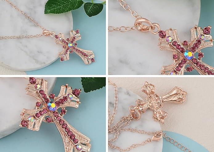 Alilang Silvery Tone Religious Cross Pendant Necklace w/Aquamarine Blue Or Clear Crystal Rhinestones