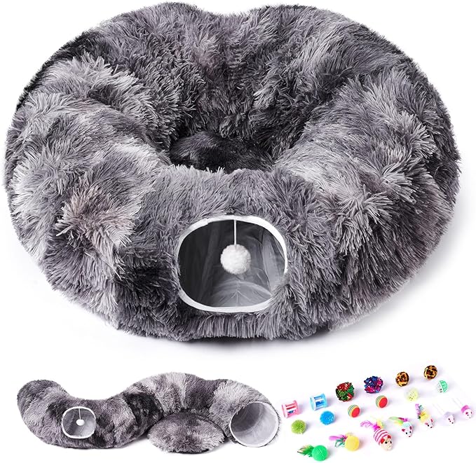 Odoland Cat Tunnels for Indoor Cats with Fluffy Plush Central Cat Couch and 20 Cat Toys, Tunnel Bed for Cats with Hanging Ball, Detachable Soft Mat and Variety Kitty Toy Set, Grey