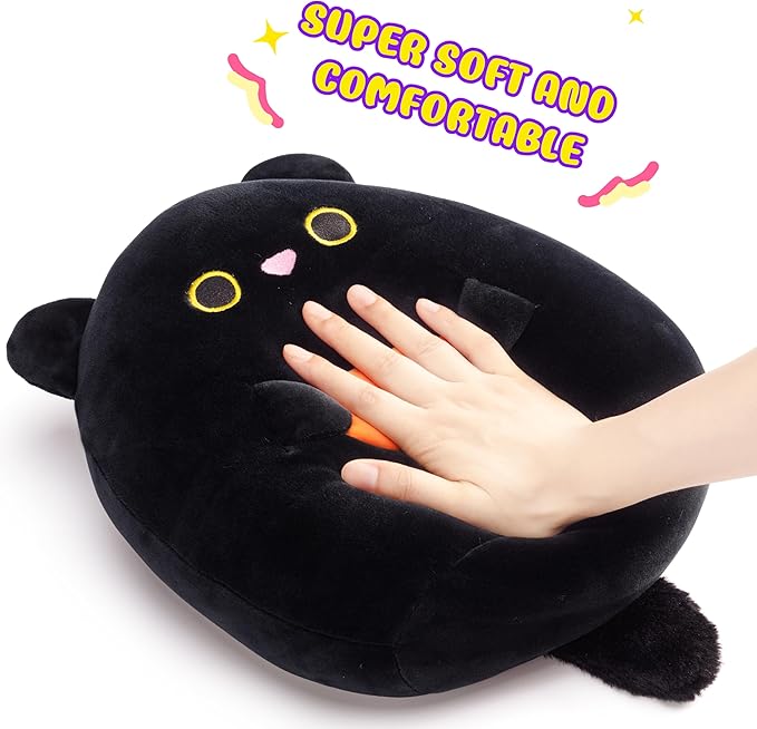 Original 12-inch Large Black Cat Plush Pillow Stuffed Animal Toy,Big Size Cute Soft Fat Hugging Cuddle Huggable Plushie,Gift for Kids