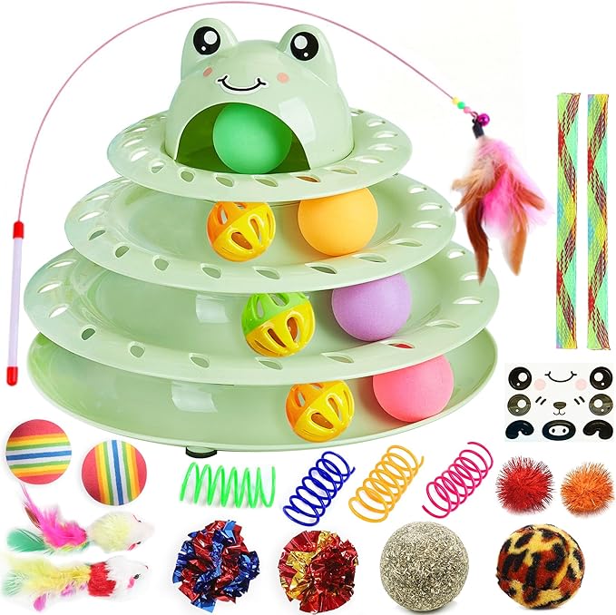 Suhaco 26 Pack Cat Toys Interactive for Indoor Cats Kitten Toy Fun Roller 4 Level Cat Teaser Ball Toys with 4 Colorful Balls Cat Feather Wand Kitty Toy Set for Boredom (Green)