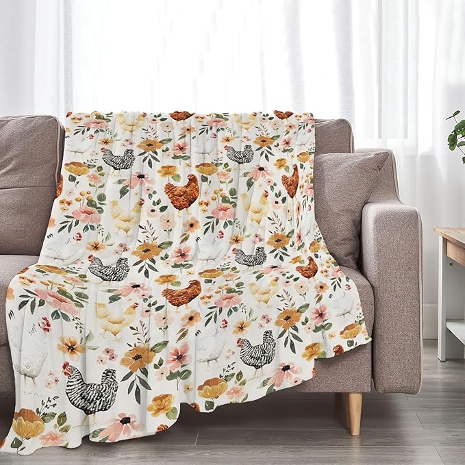 Chicken Floral Blanket Rooster Hen Printed Decor Throw Blanket Warm Soft Plush Lightweight Fleece Flannel Winter Blanket Farm Gifts for Girls Women Farmer Lover Boys Baby Kids Couch Bedding 60"X80"