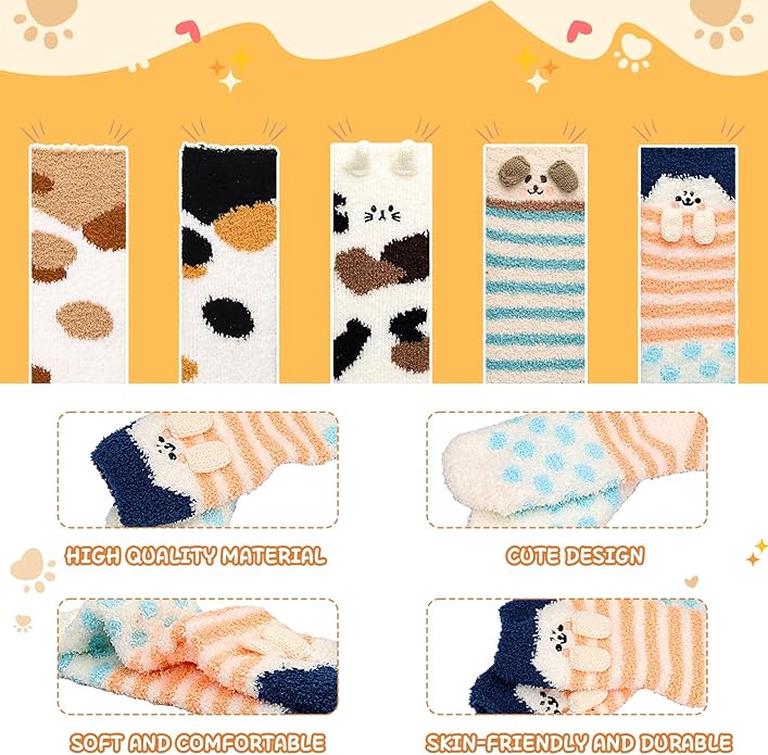 3-6 Pairs Womens Fuzzy Socks Cozy Fluffy Slipper Socks Cute Soft Cat Animal Winter Warm Sleep Socks Gifts