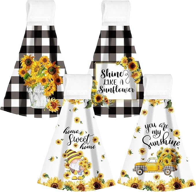 Sratte 4 Pcs Sunflower Hanging Kitchen Towels Hand Towels with Hanging Loop Summer Buffalo Plaid Gnomes Sunshine Dish Towels Bath Absorbent Oven Stove Wash Cloth for Home Decorative Housewarming Gift