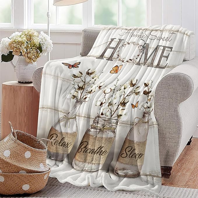 Farmhouse Floral Blanket for Women Girls Ultra Soft Cozy Cotton Flower Throw Blanket Fleece Fuzzy Plush Bedding Blanket Flower Gifts for Women Girls Kids Adults Couch Sofa 60"x50"