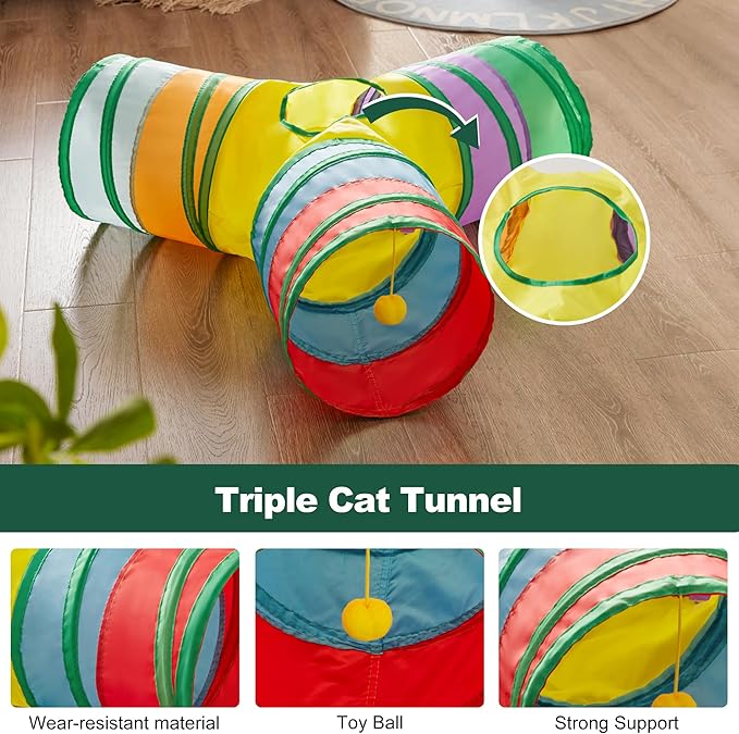 Love's cabin Cat Tunnel Tube Cat Toys 3 Way Collapsible, Cat Tunnels for Indoor Cats，Kitten Tunnel Bored Cat Play Tunnel with Peek Hole Toy Ball for Cat, Kitty, Kitten, Rabbit, Puppy Rainbow