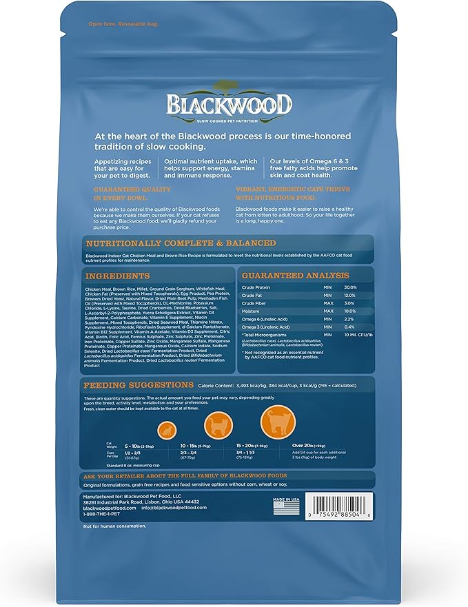 Blackwood Pet Food Indoor Formula Cat Food, Chicken Meal & Brown Rice Recipe 4 lb, 1 Count