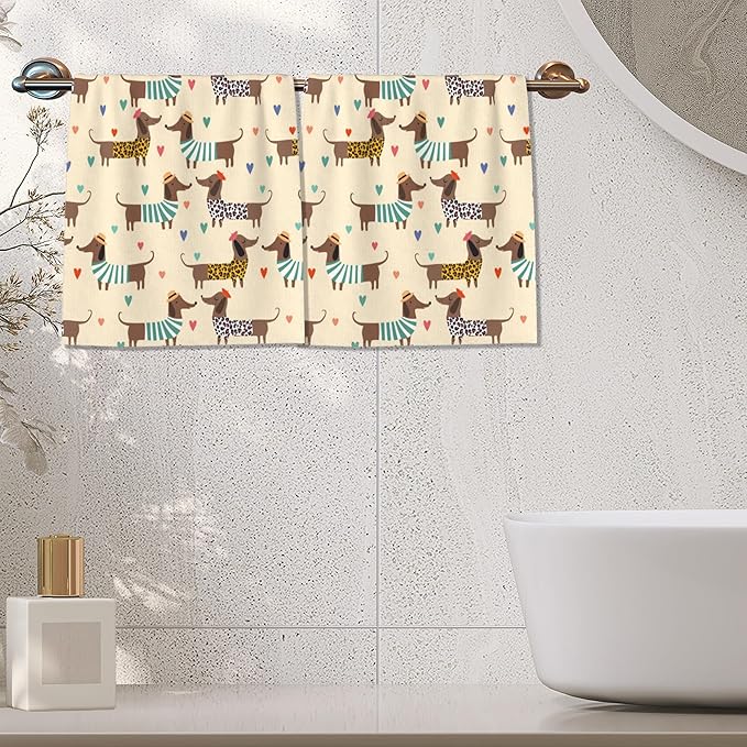 Cute Dog Hand Towels Set of 2,Dachshunds Hearts Bath Hand Towels for Bathroom Decorative Soft Absorbent Dish Towels for Kitchen Bathroom Gym Hotel Spa Sport 16x24 Inches