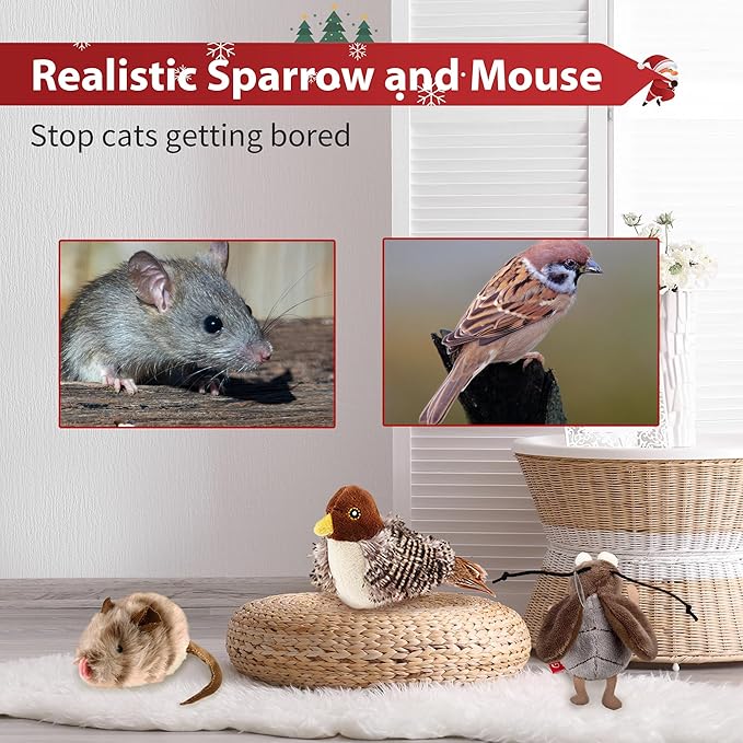 PETGEEK GiGwi Chirping Bird Cat Toys 3 Pcs- Melody Chaser Realistic Plush Cat Toys for Indoor Cats- Hangable Design Best Gift for Birthday, Thanksgiving, Christmas, New Year (Bird Mouse Cricket Set)