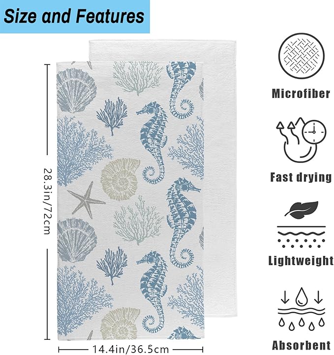 Seahorse Seashells Starfish and Coral Hand Towel for Bathroom Set of 2,Blue Marine Lifes Bathroom Hand Towel,Soft Absorbent Decorative for Hotel Home Decor