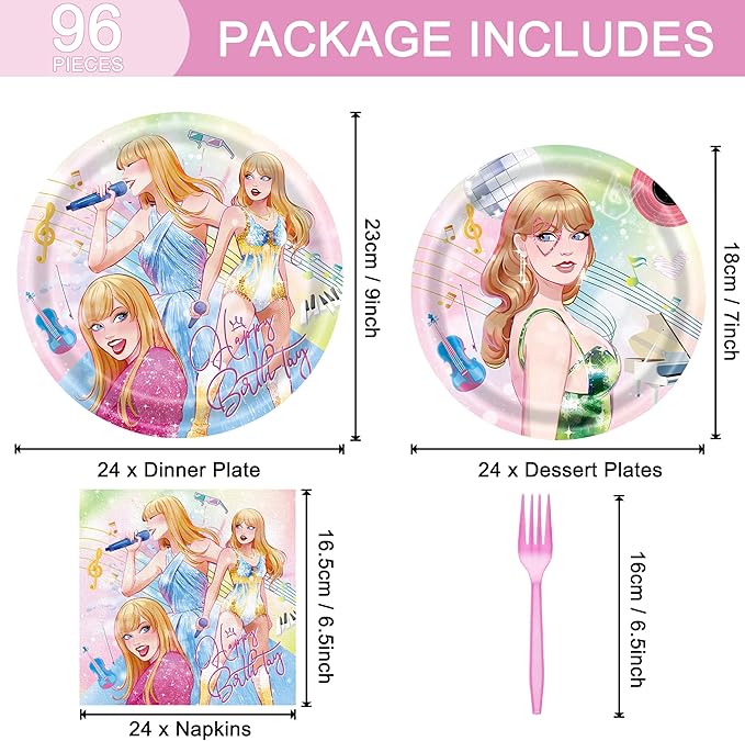 96 Pcs Birthday Plates and Napkins Party Supplies, Disposable Forks Paper Dessert Tableware Green Cartoon Decorations Table Dinnerware Favors Set, Serves 24