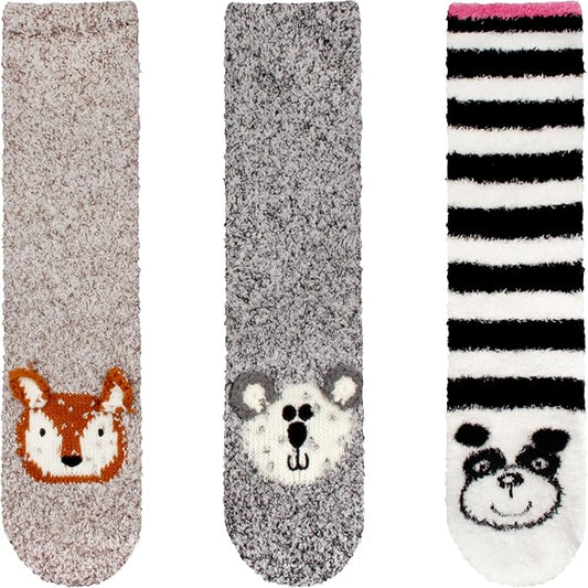 BambooMN Super Soft Warm Cute Animal Face Non-Slip Fuzzy Crew Winter Home Socks, Value Pack