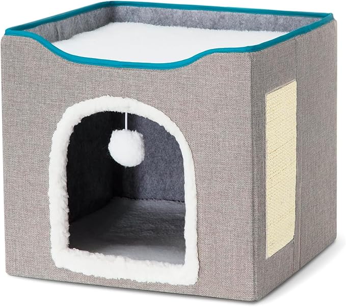 Cat Square Bed for Indoors Cats, Large Cat Cave for Pets,2 Cushion Lightweight and Foldable, with Scratcher and Fluffy Ball Hanging,Woll-Like Soft Cover,16”x14”, Gray