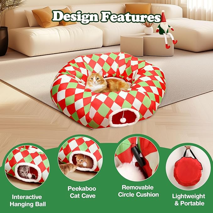 Large Cat Tunnel Bed Cat Peekaboo Cat Cave Donut with Washable Cushion Cat Tunnels for Indoor Cats Festive Decor Perfect for Small Medium Large Cats, Kittens, Rabbit, Ferret